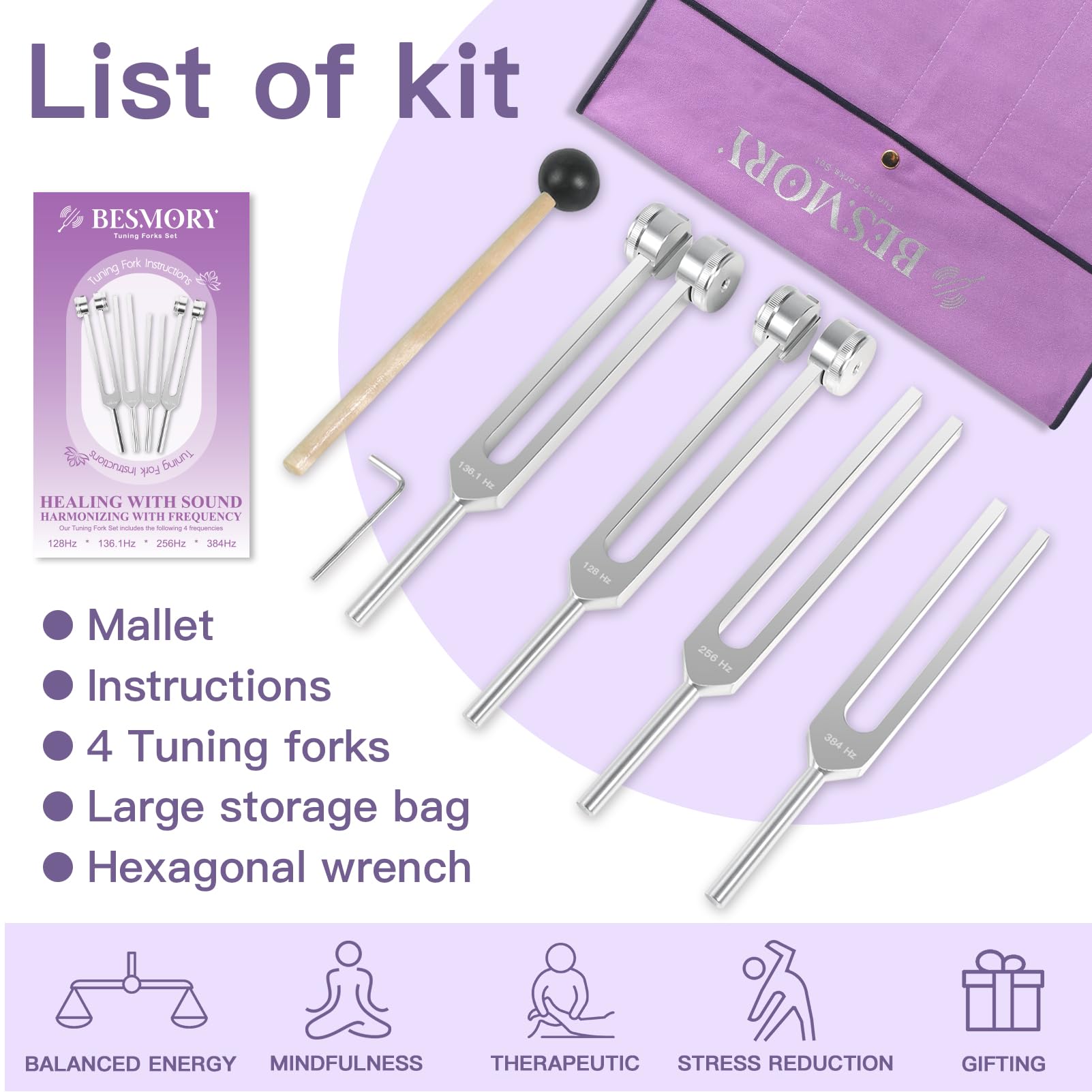 Healing Tuning Forks Set (128Hz, 136.1Hz, 256Hz, 384Hz) with Reflex Hammer - Professional Sound Therapy Tools for Chakra Balancing, Yoga, Meditation & Energy Healing - Perfect for Holistic Practitioners & Wellness Enthusiasts