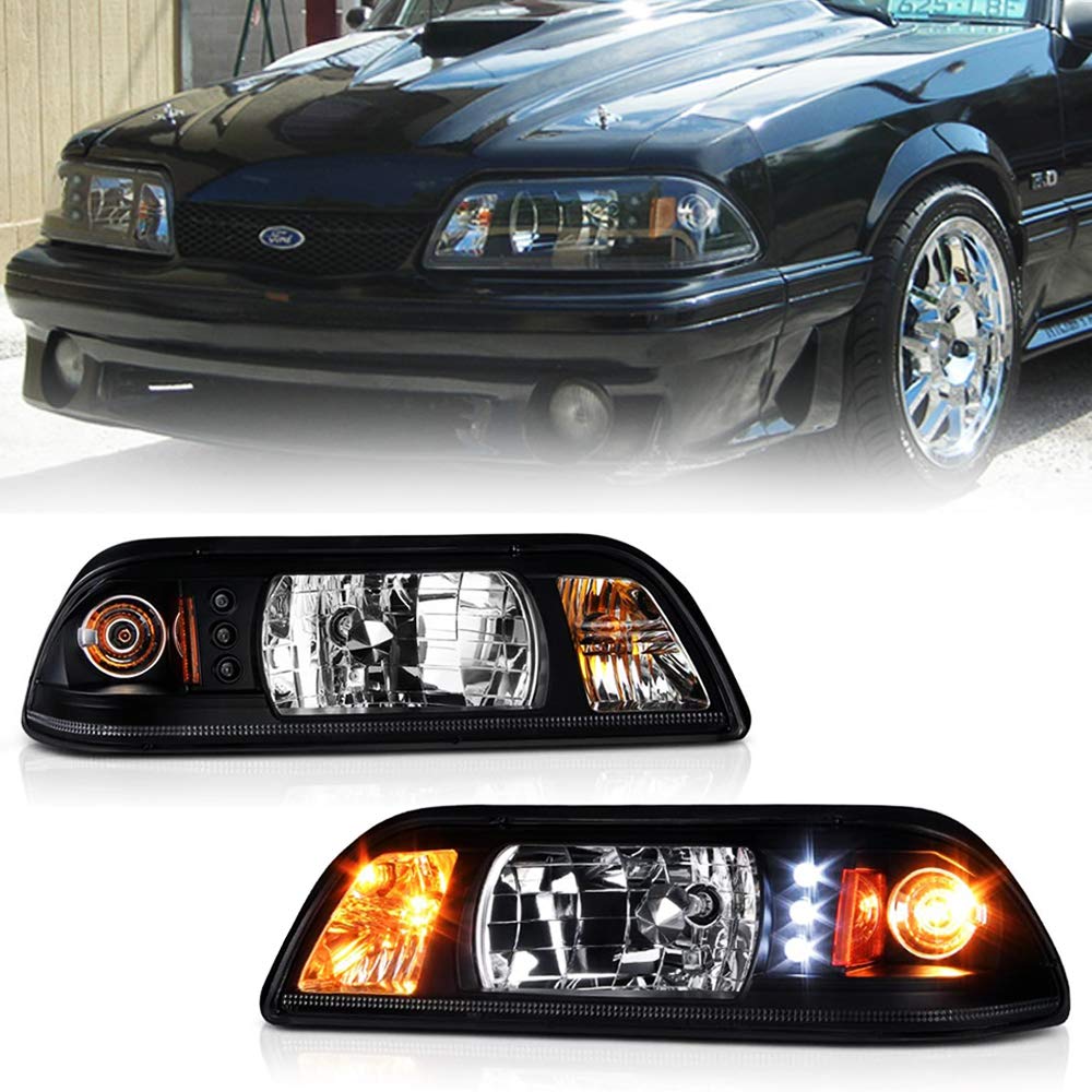 ACANII Black Housing LED Strip Headlights with Corner Signal & Parking Lamp for 1987-1993 Ford Mustang - Left & Right Pair - Upgrade Your Ride for Night Driving & Show Car Style