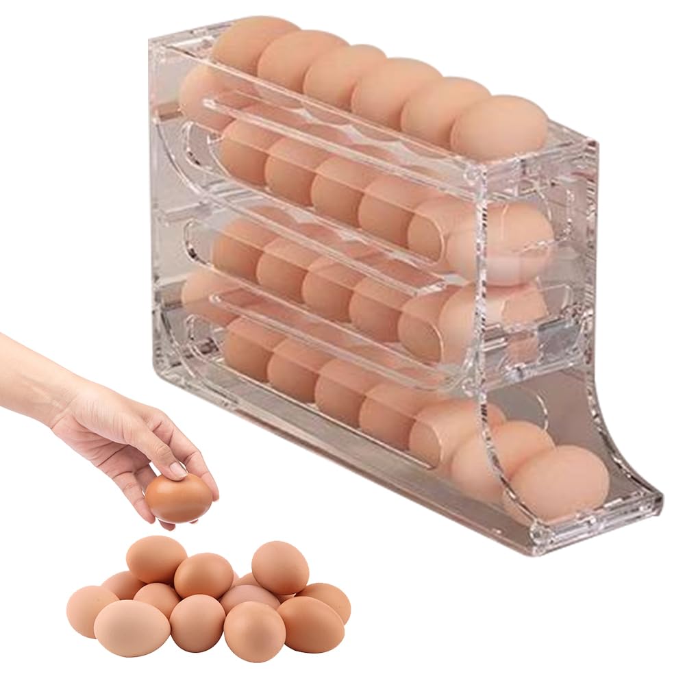 2024 Upgraded 4-Tier Refrigerator Egg Organizer - Automatic Rolling Egg Rack Holds 30 Eggs, Space Saving Kitchen Storage with Full Transparency Design - Perfect for Fridge Organization & Farm Fresh Egg Storage