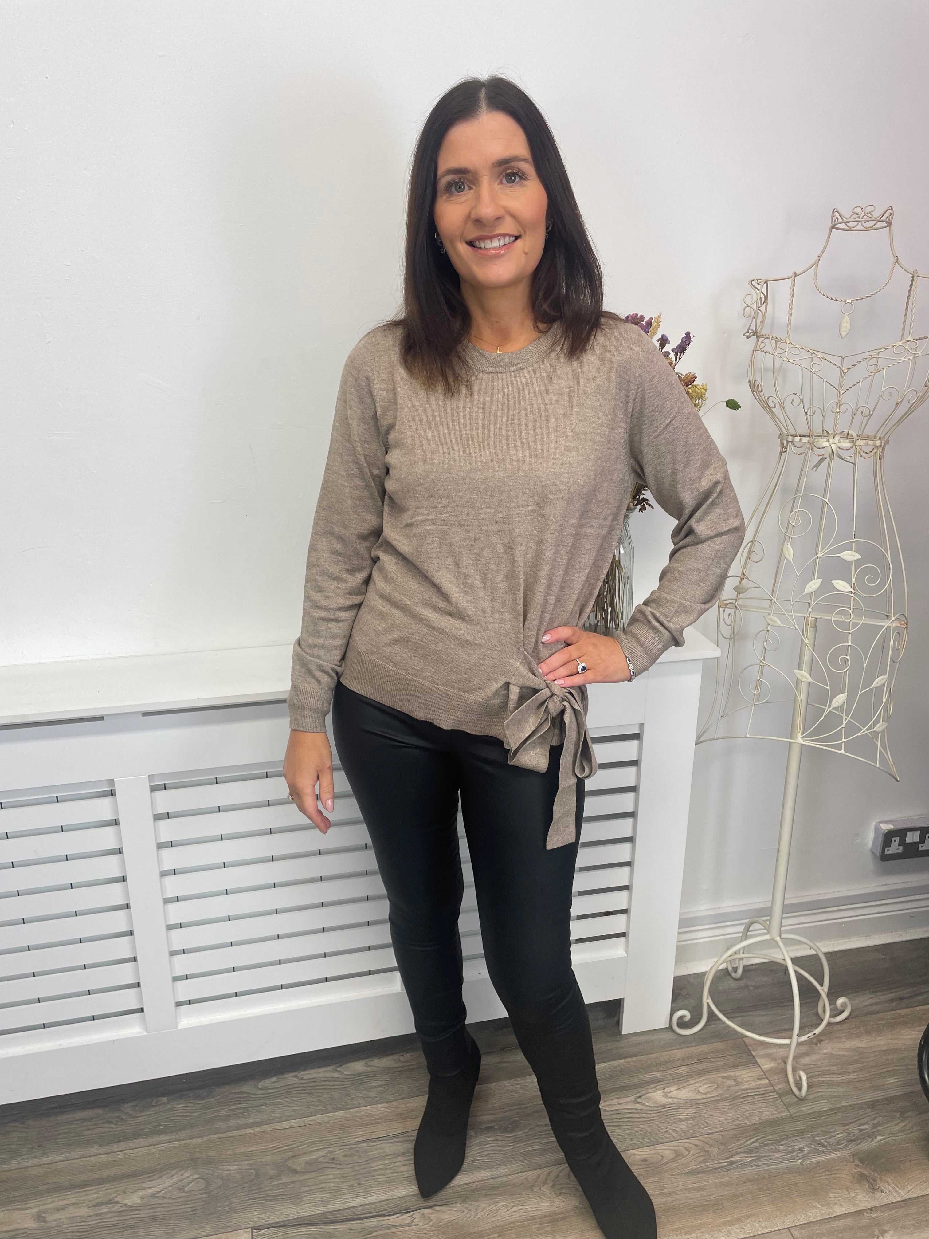 BELLE TIE DETAIL JUMPER - Brown Lentil & Melange Knit Sweater for Women | Casual Office Wear & Autumn Layering Staple