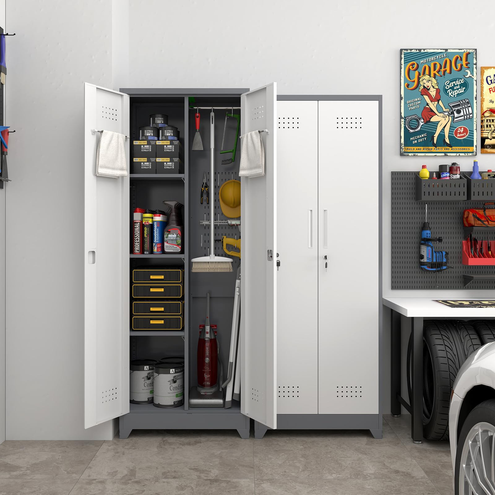 Metal Broom Storage Cabinet with Pegboard - Organize Cleaning Supplies, Brooms & Mops - Heavy Duty Laundry, Garage & Gym Storage Solution - Perfect for Home Organization & Cleaning Tool Storage
