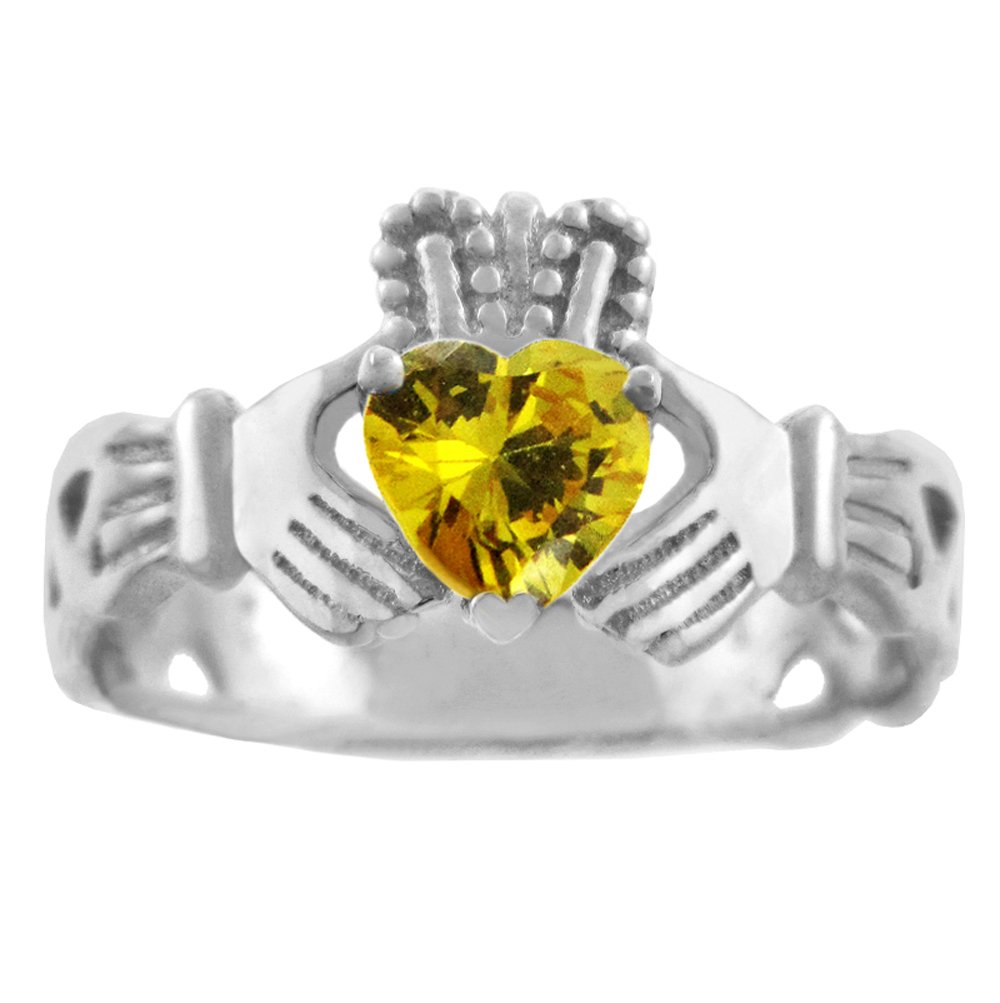 10K White Gold Celtic Knot Claddagh Ring with Yellow CZ Heart - Elegant Irish Wedding Band, Promise Ring & Anniversary Jewelry for Women - Perfect for St. Patrick's Day, Gifts & Special Occasions
