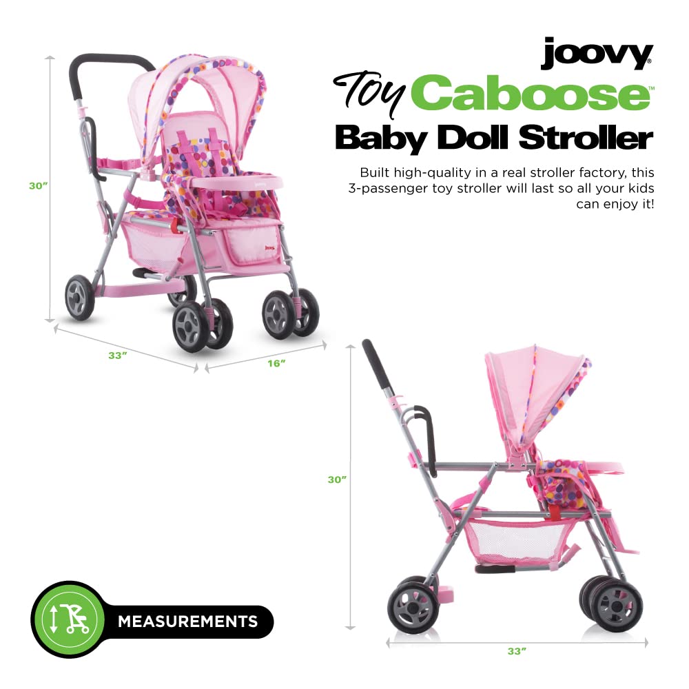 Joovy Toy Caboose Baby Doll Stroller with Reclining Seat, Adjustable Footrest & Storage - 3 Doll Capacity | Pink Dot Stroller for Kids Pretend Play, Role Play & Indoor/Outdoor Toddler Activities