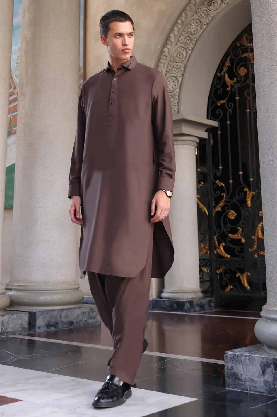 Premium Blended Dark Brown Shalwar Kameez by Almirah - Wasim Akram Collection | Elegant Pakistani Traditional Outfit for Weddings, Festivals & Special Occasions