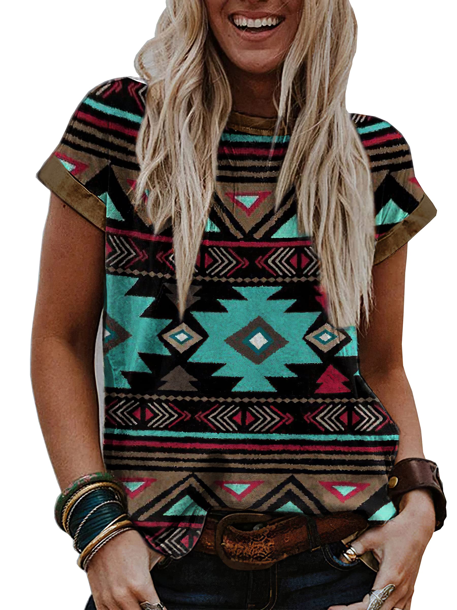 Women's Western Ethnic Style Geometric Rhombus Plaid Printed T-Shirt - Loose Casual Summer Tee for Women - Perfect for Festivals, Vacations & Everyday Wear