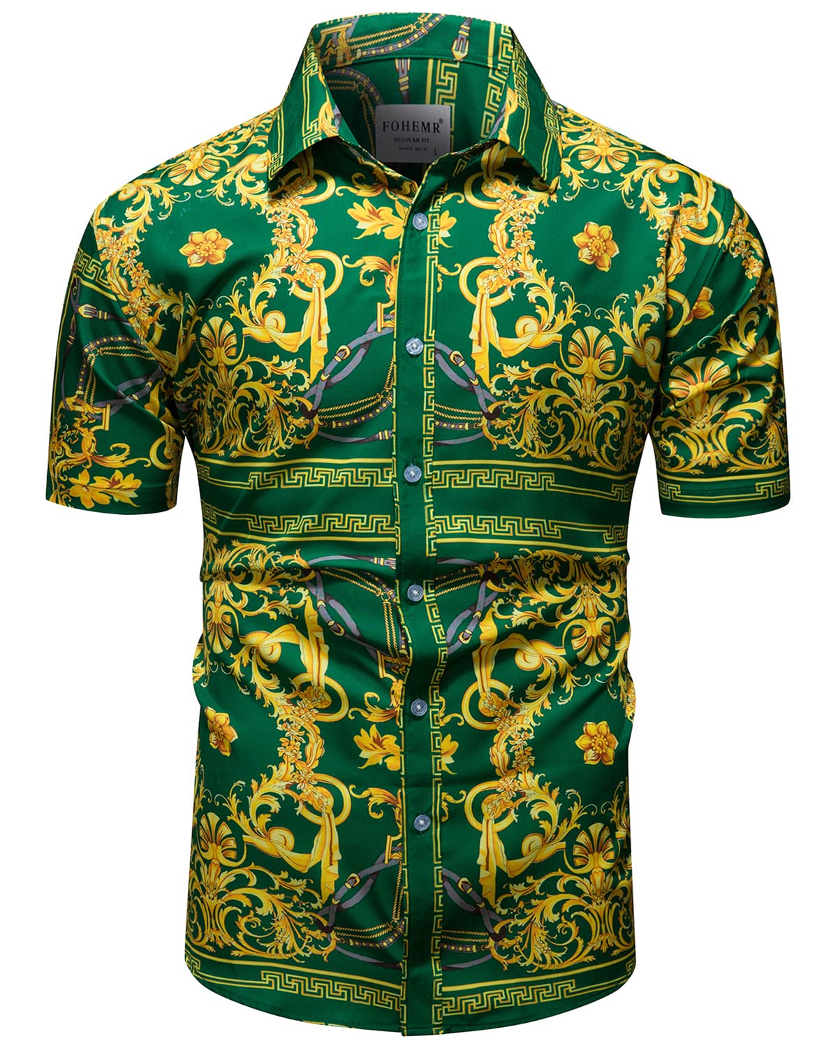 Luxury Men's Black & Gold Baroque Chain Print Short Sleeve Dress Shirt - Casual Button Down Design for Parties, Weddings & Night Out