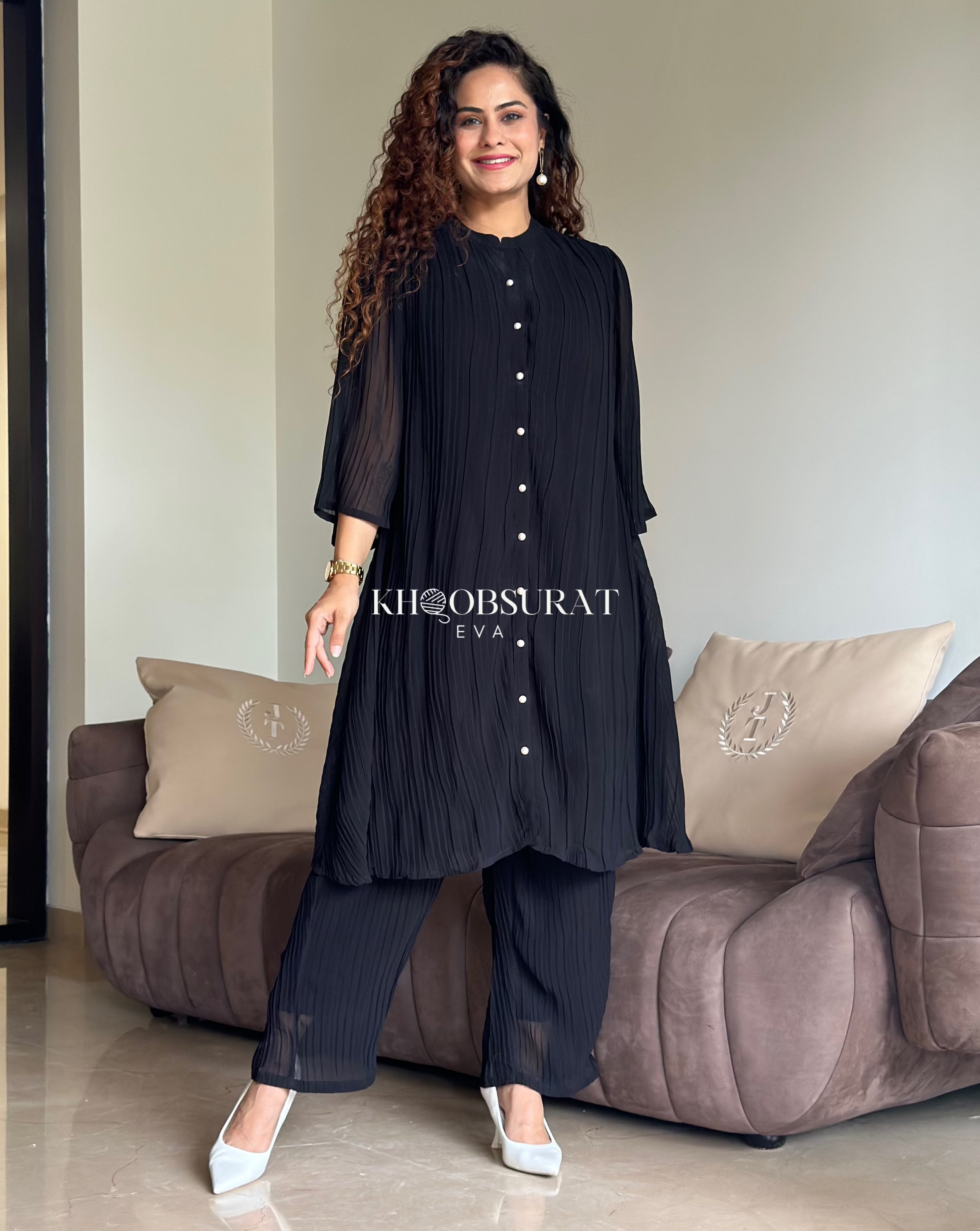 Elegant Black Chiffon Pearl Embellished Co-Ordinate Set for Women | Formal Evening Wear & Special Occasion Outfit