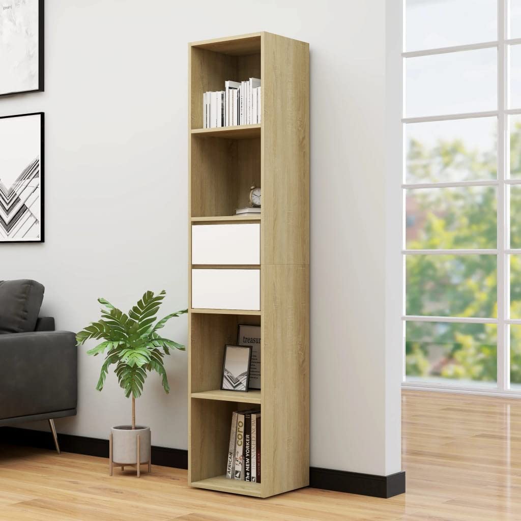 Modern Bookcase with 2 Drawers - White & Brown Storage Shelf for Home Office & Plant Display