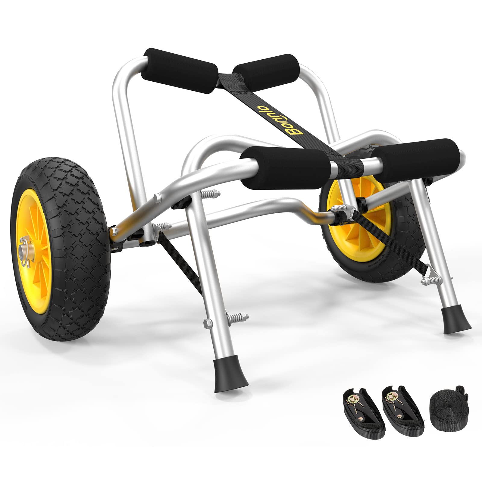 Bonnlo Foldable Kayak Cart with Airless Tires - Heavy Duty Canoe Dolly for Fishing Kayaks, Paddle Boards & Boat Transport - Includes 2 Ratchet Straps (Perfect for Beach, Lake & Outdoor Water Sports)