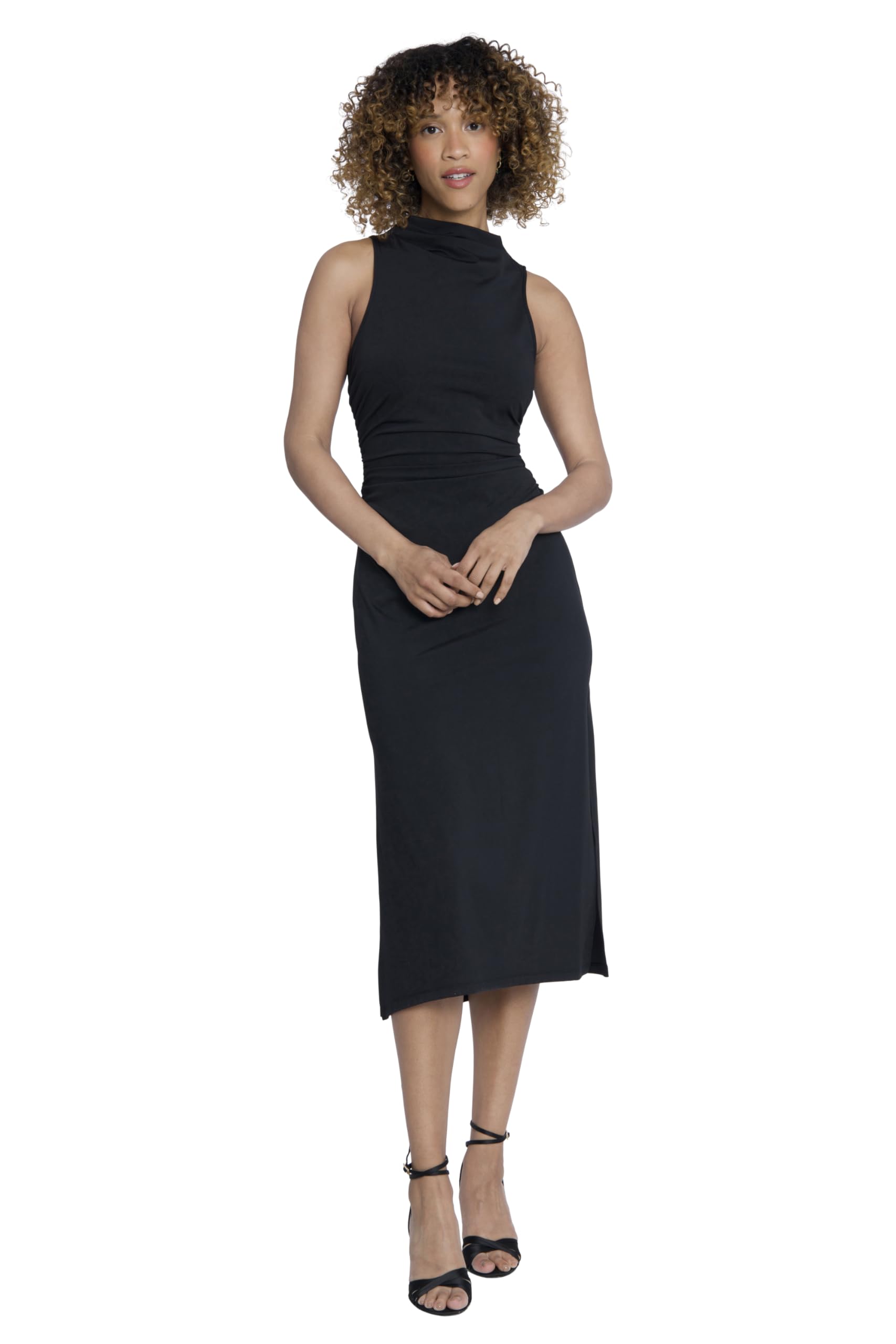 Maggy London Women's Black Ruched Waist Sleeveless Sheath Dress with Draped Mock Neck | Elegant Cocktail & Evening Wear for Parties & Special Occasions