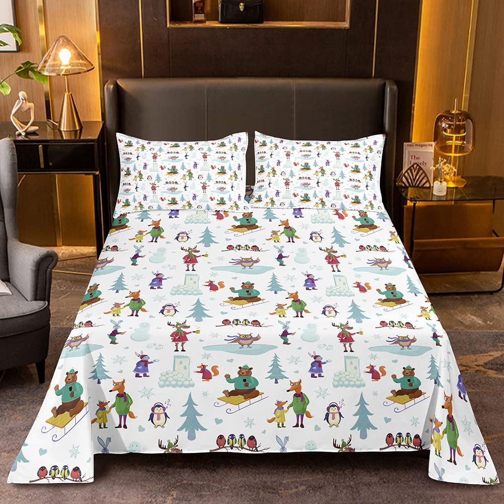 Animal Print Fitted Twin Sheet Set for Kids - Owl, Deer, Bear, Rabbit & Fox Designs with 2 Pillowcases | Winter Themed Bedding for Boys & Girls | Perfect for Nursery, Kids' Room & Sleepovers