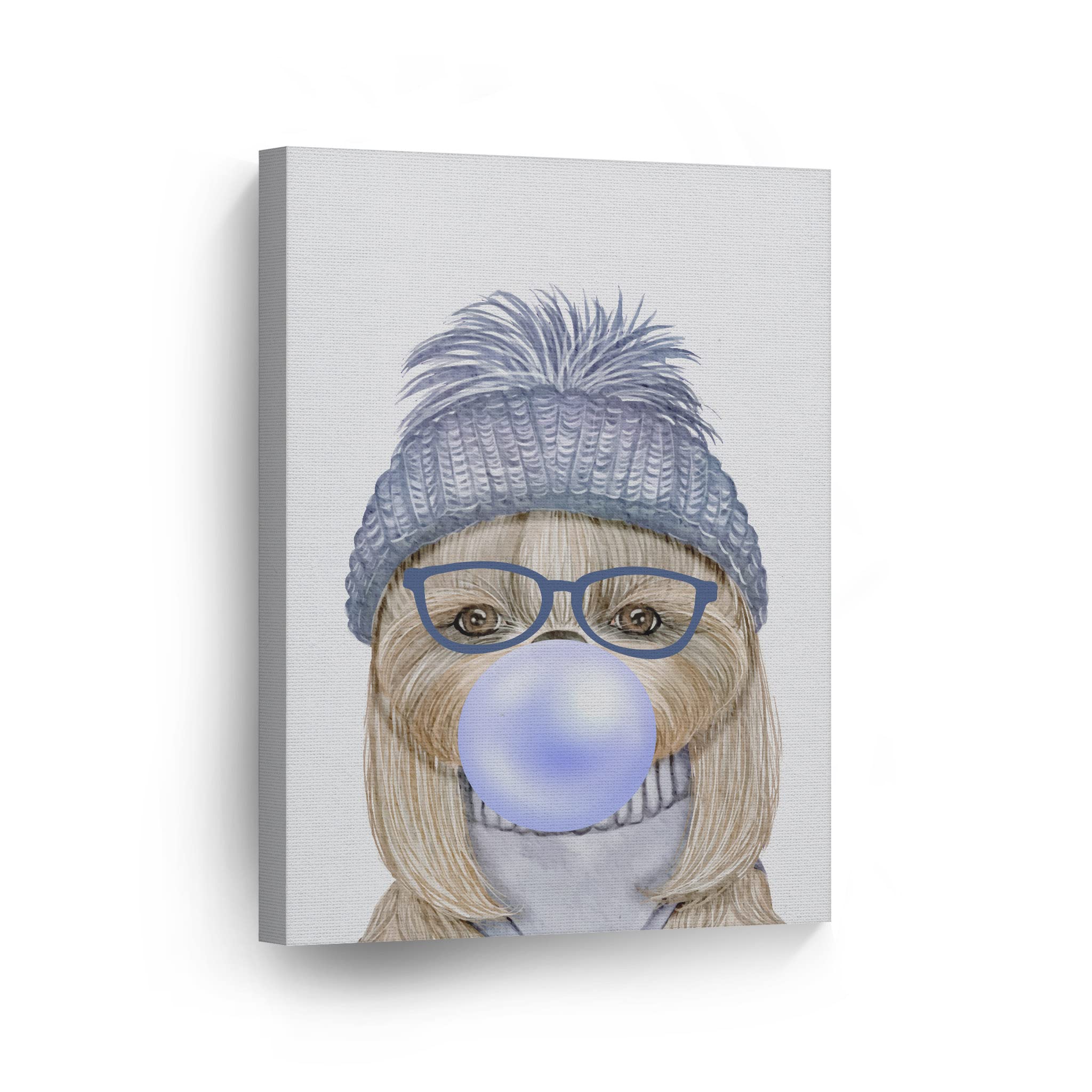 Smile Art Design Dog Portrait with Blue Hat Chewing Bubble Gum - Canvas Wall Art Print for Pet Lovers, Pop Art Decor for Office, Living Room, Bedroom & Nursery (36x24) - Perfect Gift for Dog Owners & Animal Enthusiasts