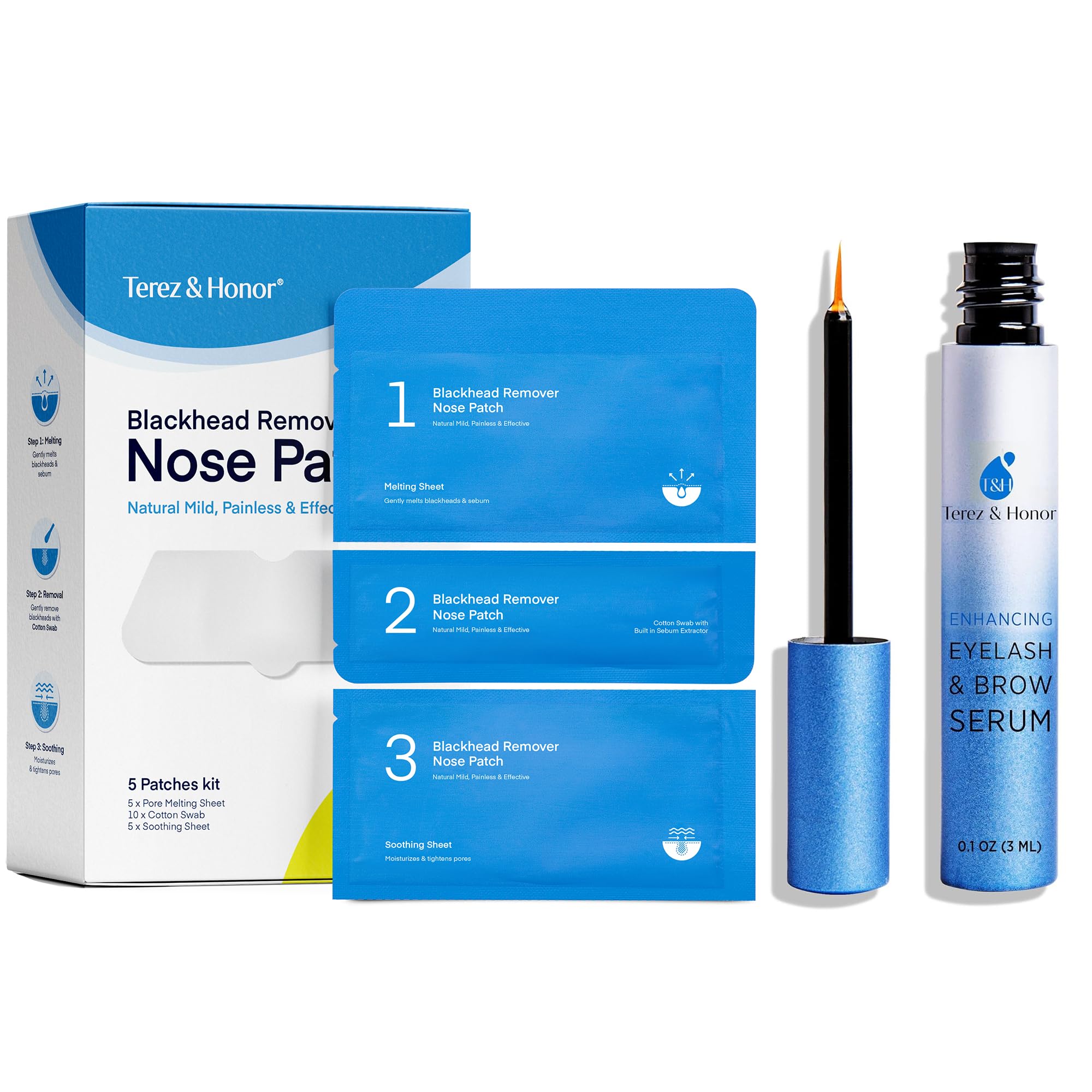 Terez & Honor Blackhead Remover Nose Pore Patches & Eyelash Growth Serum Kit - Deep Cleansing Pore Strips & Lash Enhancing Treatment for Clear Skin & Longer Lashes - Perfect for Skincare Routine & Nighttime Beauty Care