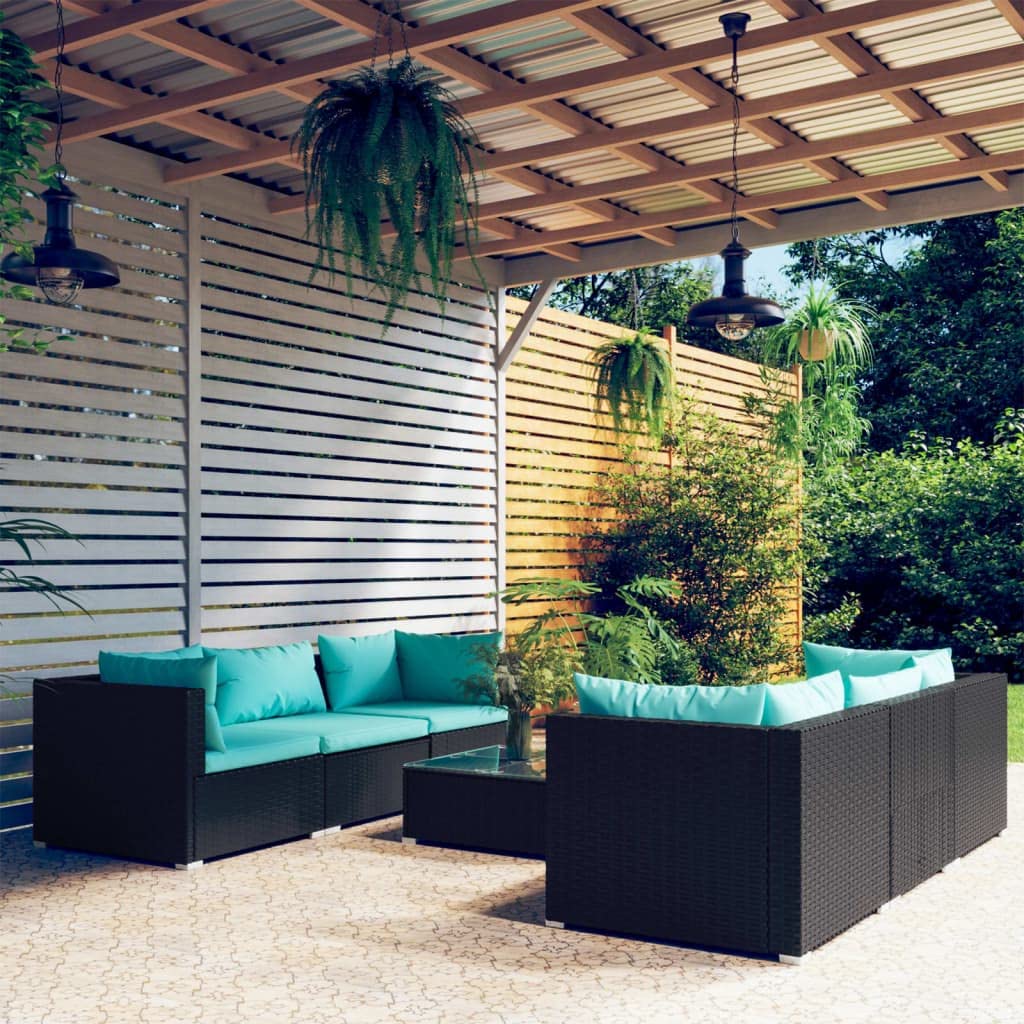 vidaXL 7-Piece Patio Lounge Set - Black Outdoor Poly Rattan Furniture with Aqua Cushions & Powder-Coated Steel Frames | Durable Garden Sofa Set for Backyard, Poolside & Terrace Relaxation