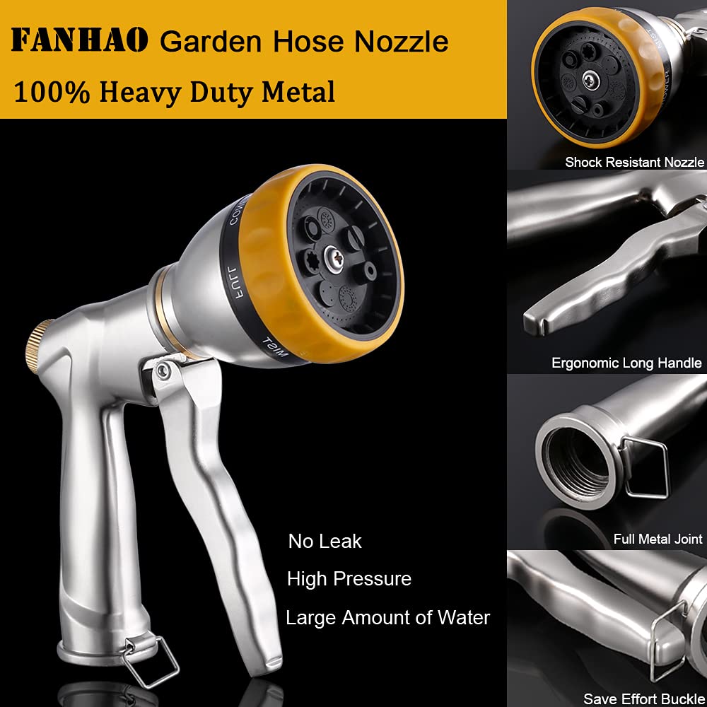FANHAO Heavy Duty Garden Hose Nozzle with Thumb Control - 8 Spray Patterns for Watering, Washing Cars & Outdoor Cleaning