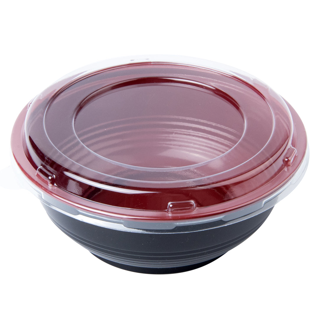 24 oz Round Black and Red Plastic Panda Bowl with Clear Lid - Microwave Safe Asian Style Soup Noodle Bowl (6.5