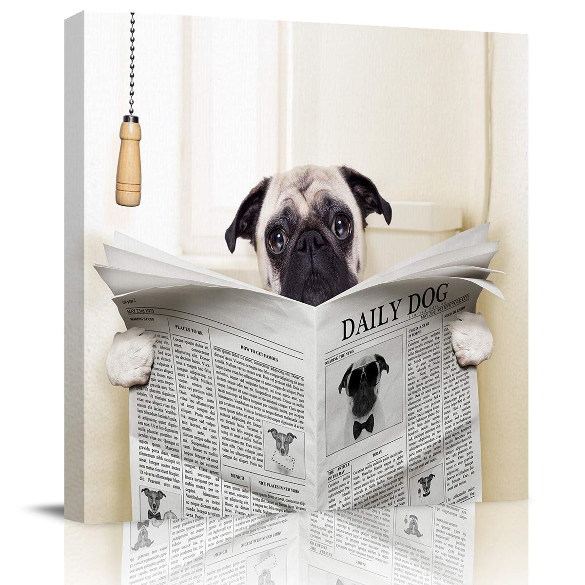 Funny Dog Watching Newspaper on Toilet Canvas Wall Art - Bathroom Decor Painting for Living Room, Kitchen & Office - Ready to Hang Framed Print - Perfect for Pet Lovers & Humorous Home Decor