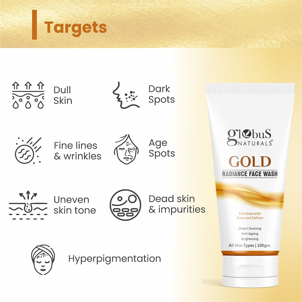 Globus Naturals Gold Radiance Anti-Aging & Brightening Face Wash with Saffron & Rose - 100ml for All Skin Types | Gentle Cleansing, Hydration & Glow Boost - Perfect for Daily Skincare Routine & Nighttime Regimen