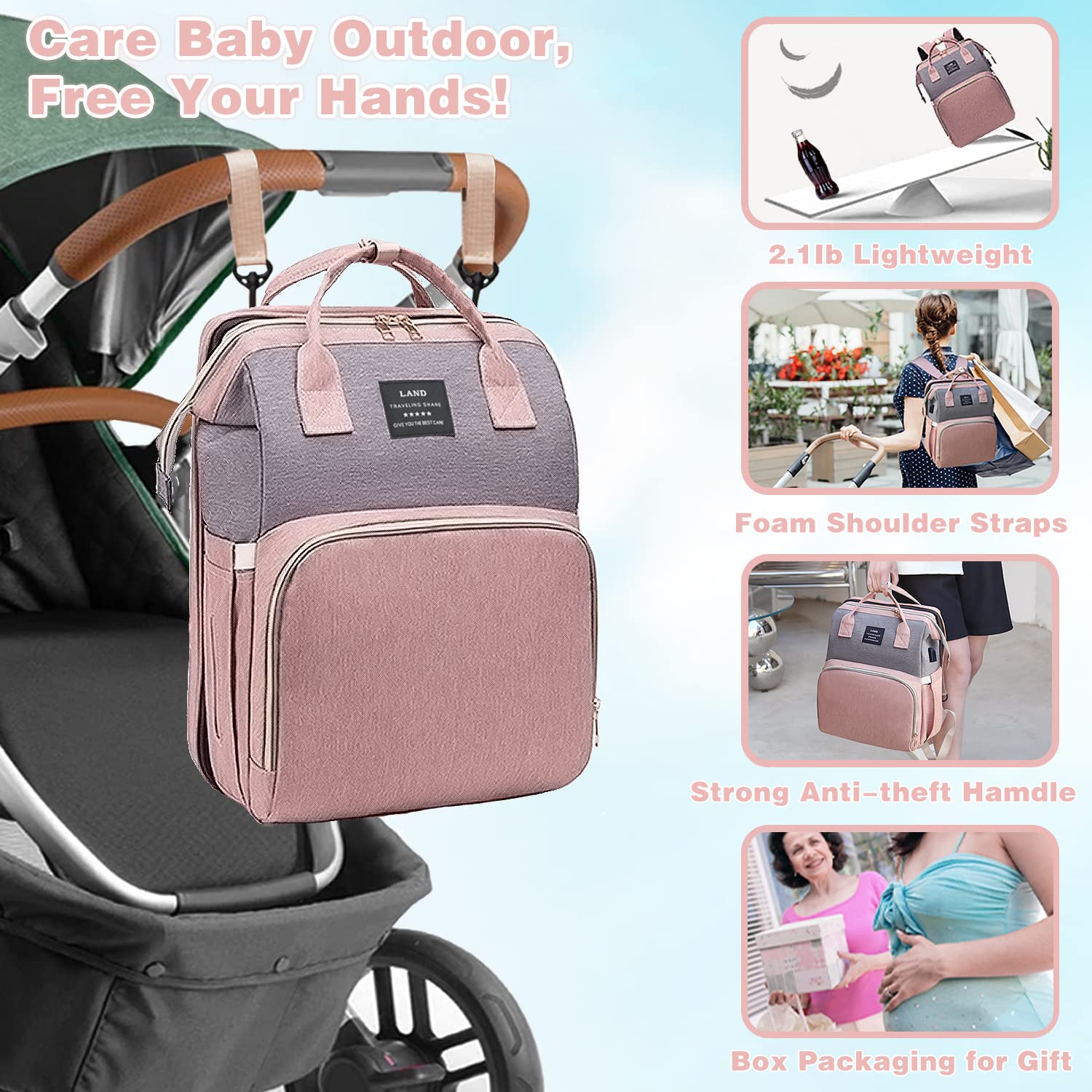ANWTOTU Large Capacity Diaper Backpack with Changing Station - 900D Oxford Waterproof Diaper Bag for Boys & Girls (Pink Grey) - Perfect for Travel, Daycare & On-the-Go Parents
