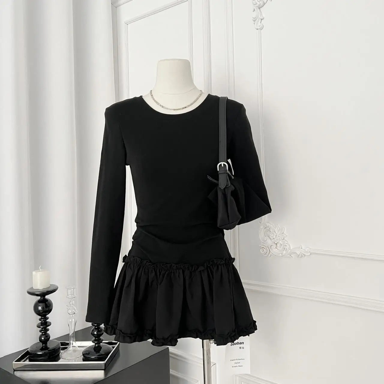2024 Autumn Winter Women's Fashion Black & Beige Round Neck Long Sleeve Pleated Mini Dress with Ruffles - Elegant Sexy Short Dress for Party, Dating & Office Wear