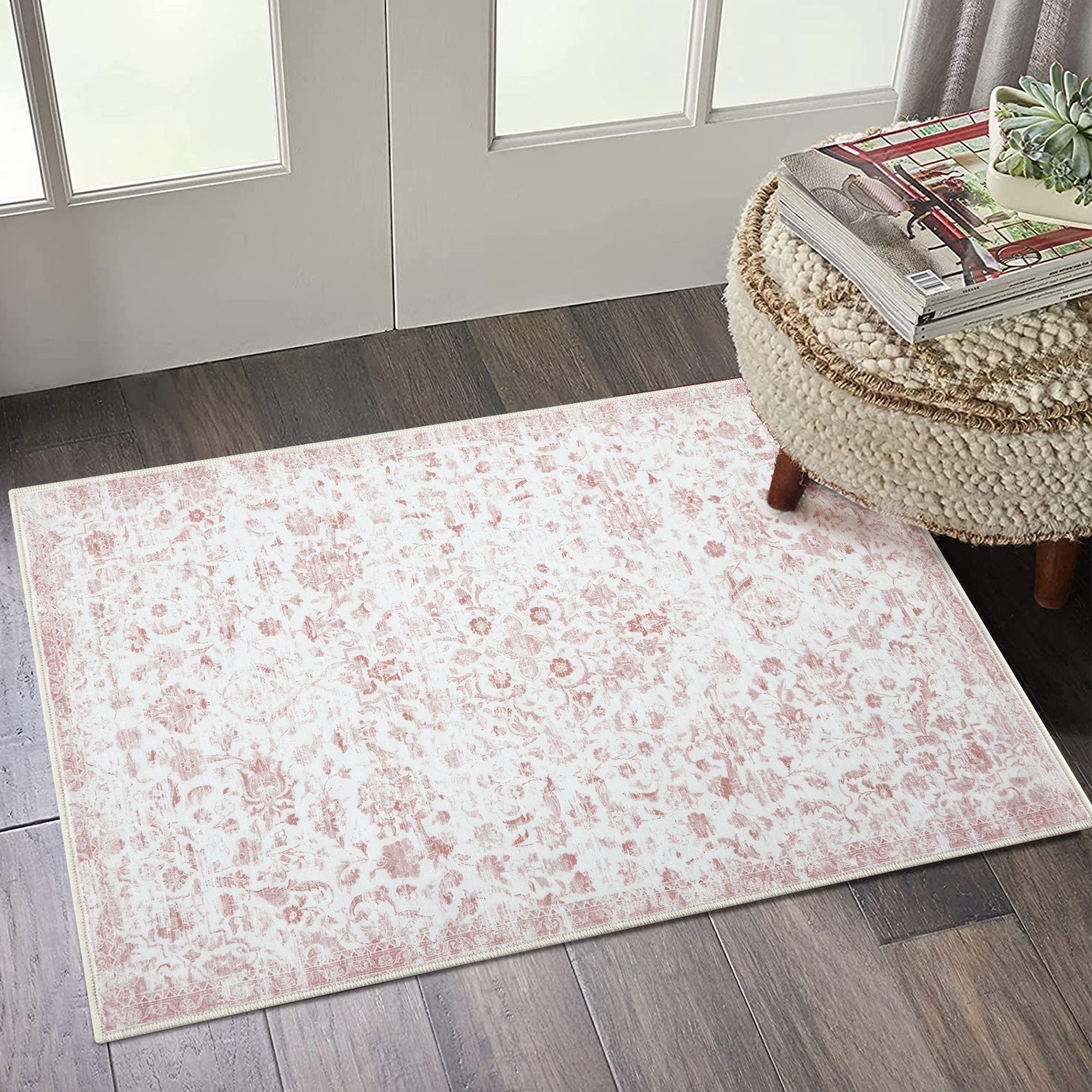 GARVEE 2x3 Washable Non-Slip Boho Rug - Pink Entryway Mat for Bedroom, Bathroom & Indoor Use | Stain Resistant Small Carpet | Perfect for Door, Living Room & Home Decor