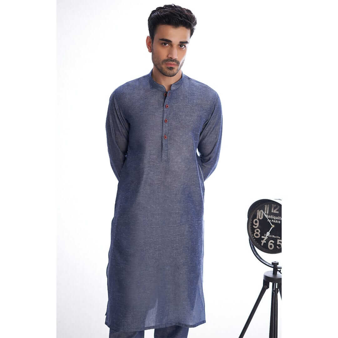 Blue Tensil Linen Kurta Pyjama Set with Red Placket - Comfortable Traditional Indian Outfit for Men, Perfect for Festivals, Weddings & Casual Wear