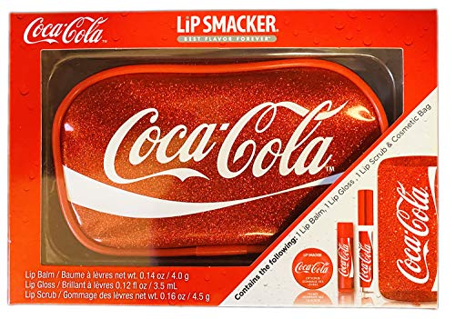 **Coca Cola Lip Care Gift Set - Moisturizing Lip Balm, Glossy Shine Lip Gloss, Exfoliating Lip Scrub & Cosmetic Bag - Soft Smooth Lips Treatment - Perfect for Gifts, Travel & Daily Lip Care**