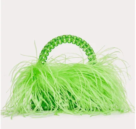 Handmade Designer Pearl Bead Bag with Feather Fur Trim - Elegant Acrylic Crystal Stone Evening Tote Clutch for Women | Perfect for Parties, Weddings & Special Occasions