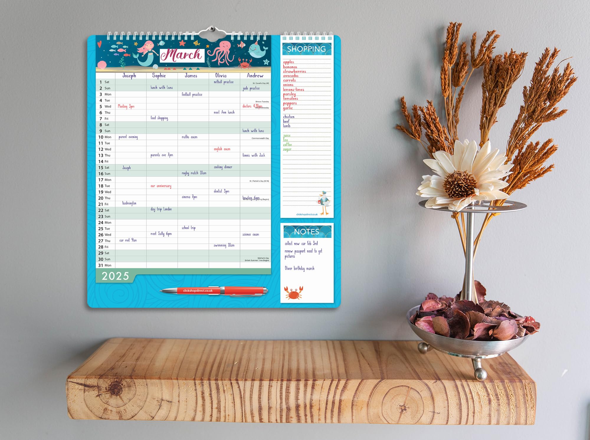 2025 Family Organizer Wall Calendar Planner with Memo Pad, Pen & Shopping List - Monthly 5-Column Design for Home & Office - Perfect for Family Schedules, Meal Planning & Goal Tracking