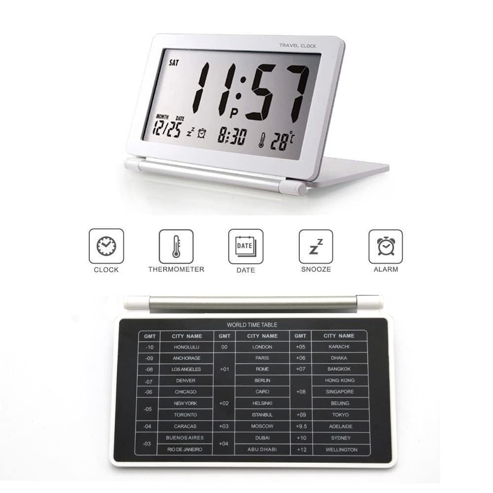 Digital Travel Alarm Clock with LCD Display, Foldable Calendar, Temperature Timer & Snooze Mode - Battery Operated Portable Desk Clock with Large Numbers (12/24H) - Perfect for Home, Office, Travel & Nightstand Use (White)