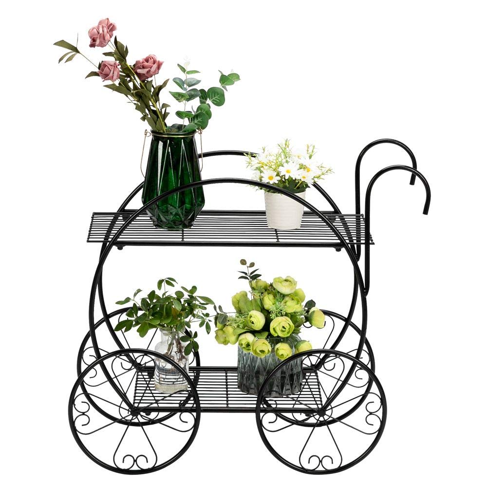 WEI WEI GLOBAL 2-Tier Metal Plant Stand with Wheels - Heavy Duty Rolling Flower Pot Holder for Indoor & Outdoor Plants - Perfect for Home, Garden, Patio and Balcony Decor