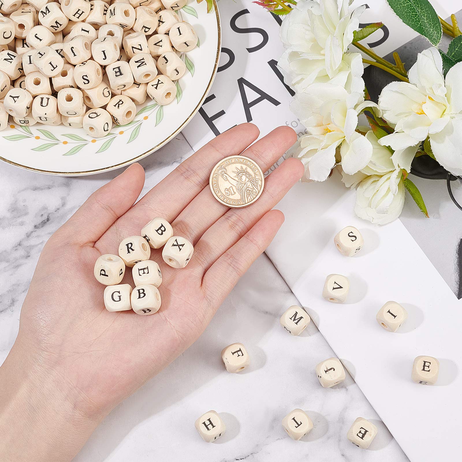 OLYCRAFT 200PCS 10mm Natural Square Wooden Alphabet Beads with Large Hole - DIY Jewelry Making, Bracelets, Necklaces & Craft Projects - Perfect for Personalized Gifts and Scrapbooking
