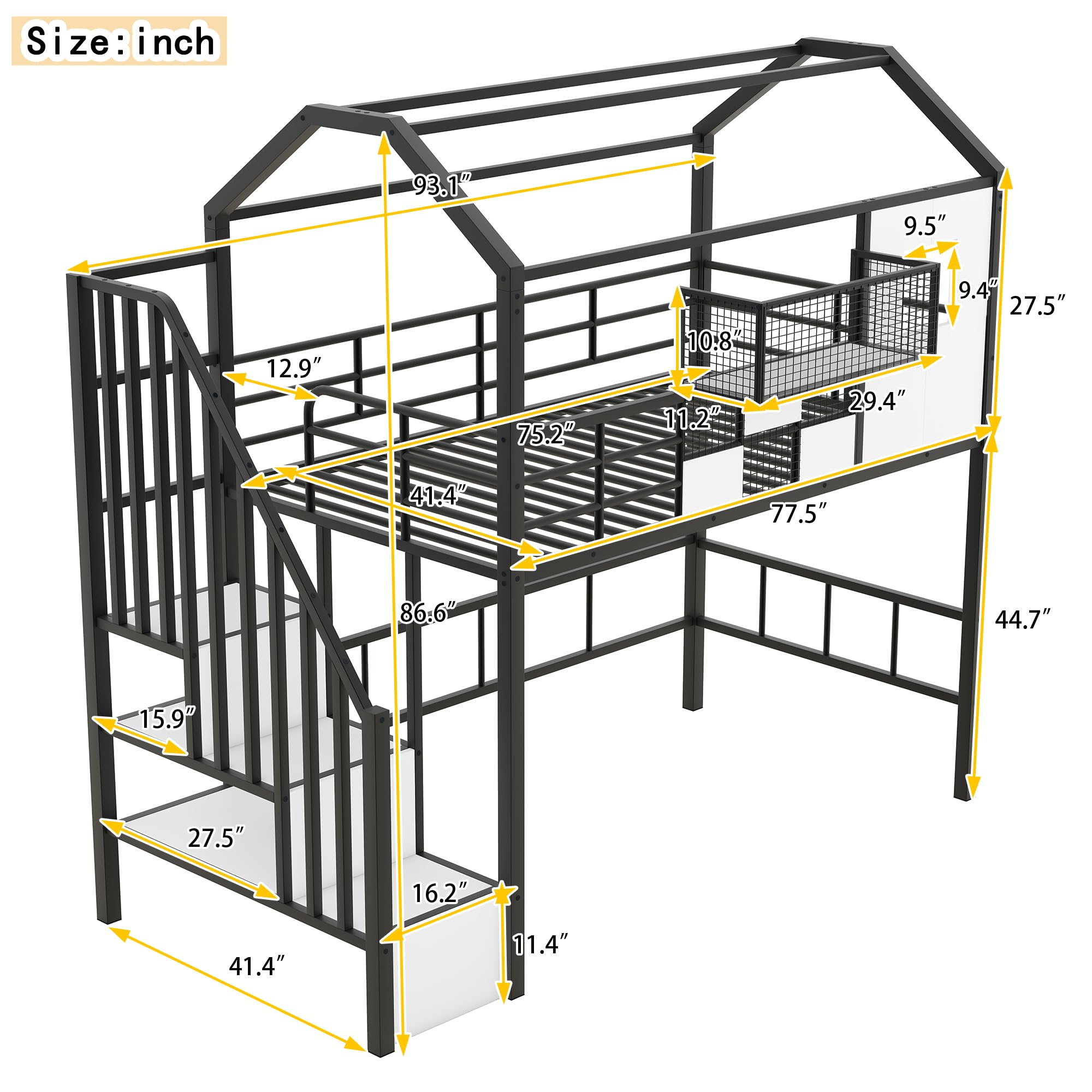 **Twin Size Loft Bed with Storage Stairs, Roof, Window & Guardrail – Metal House Loft Bed for Kids & Teens – Space-Saving Black Twin Loft Bed with Storage Box – Perfect for Small Rooms, Dormitories & Kids' Bedrooms**