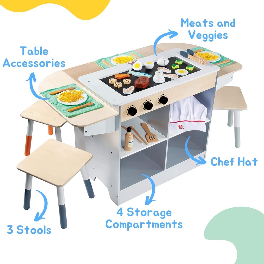 **Premium Hibachi Grill Wooden Kids Playset with Stools, Table Settings & 25+ Toy Food Pieces - Noodles, Tongs, Meats, Veggies - Complete Pretend Play Kitchen for Little Chefs - Indoor Japanese Restaurant Stand for Imaginative Play & Role-Playing Fun**