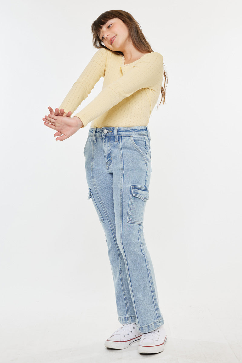 Gormani High Rise Kids Cargo Flare Pants - Trendy Stretch Denim Jeans for Girls, Comfortable & Stylish Casual Wear for School, Playdates & Everyday Outfits