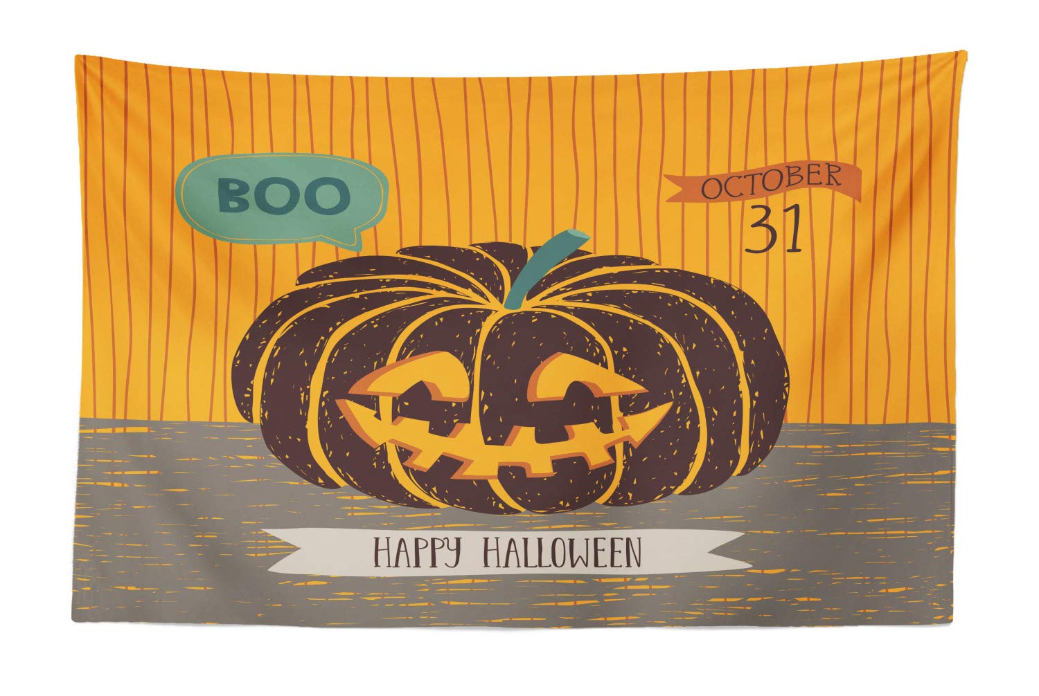Ambesonne Halloween Tapestry - Creepy Pumpkin with 'Boo' Speech Bubble Grunge Design, 45