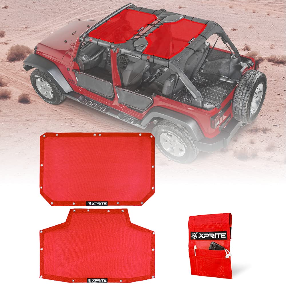 Xprite 2-Piece Mesh Sun Shade for Jeep Wrangler JK & JKU (2007-2018) - Front & Rear UV Protection Top Cover with Storage Bag | Perfect for Off-Roading, Beach Trips & Summer Driving (Red)