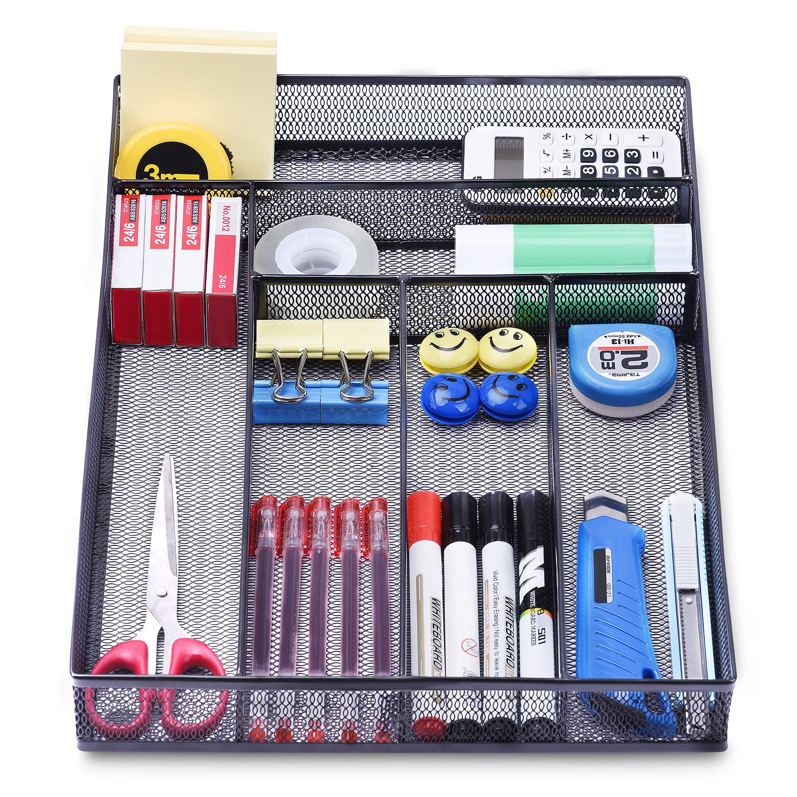 6-Compartment Mesh Desk Drawer Organizer - Black Office Supplies Tray for Stationery, Makeup & Small Items | Perfect for Home, Office & School Organization