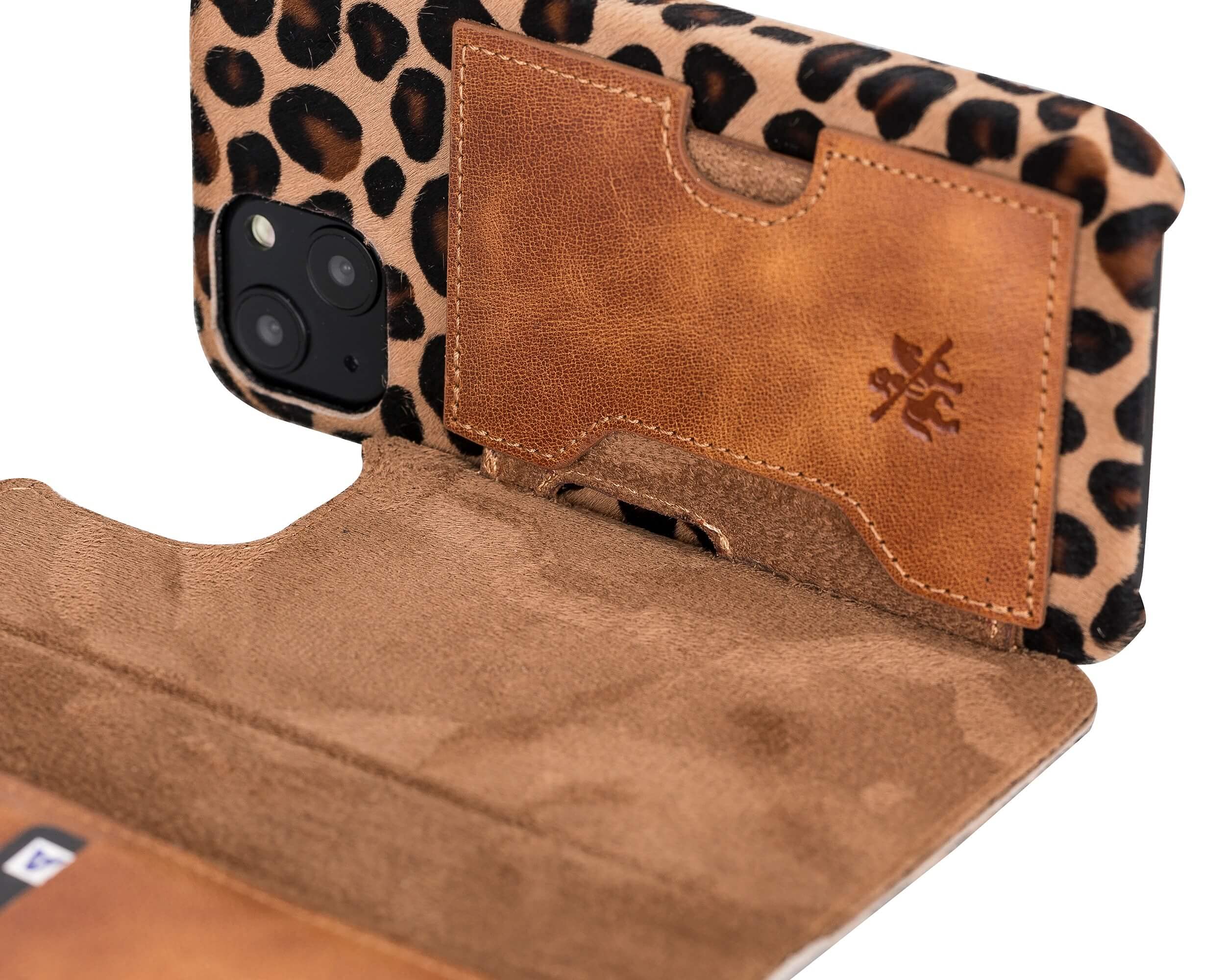 Venito Florence Genuine Leather Wallet Phone Case for iPhone 13 (6.1 Inch) - RFID Blocking Protection - Detachable Card Holder - Furry Leopard Print - Perfect for Travel, Shopping & Everyday Use