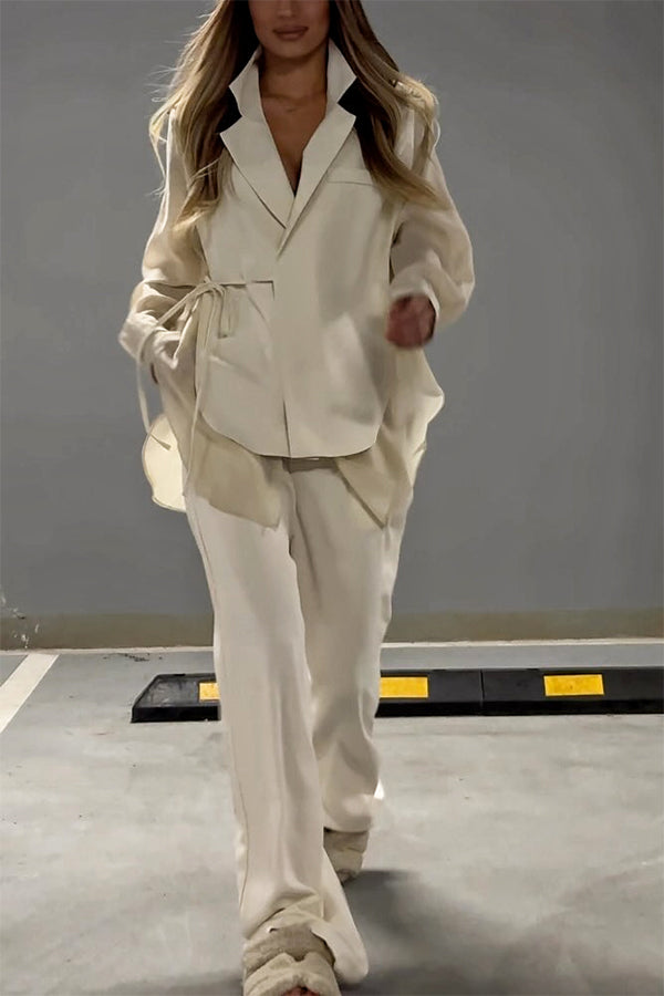 Chic Elegant Chiffon Patchwork Lace-Up Jacket with Pocketed Straight Leg Pants Set - Women's Fashion Outfit for Party, Date Night & Special Occasions