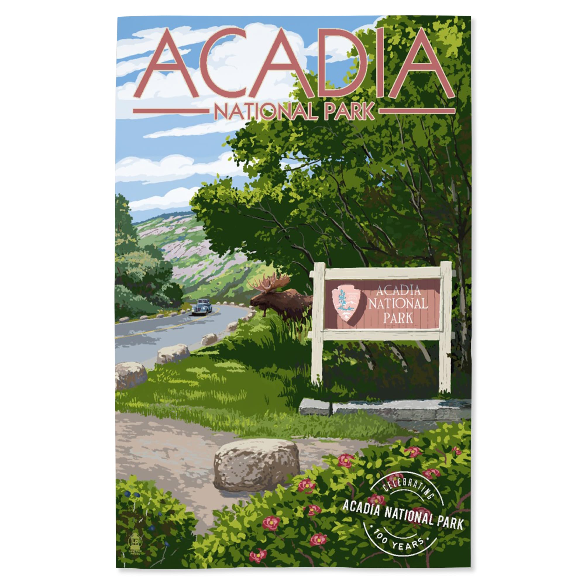 Lantern Press 16x24 Inch Giclee Print - Acadia National Park Landscape with Park Entrance Sign & Moose - Centennial Rubber Stamp Art - Perfect for Home Decor, Office Wall Art & National Park Enthusiasts