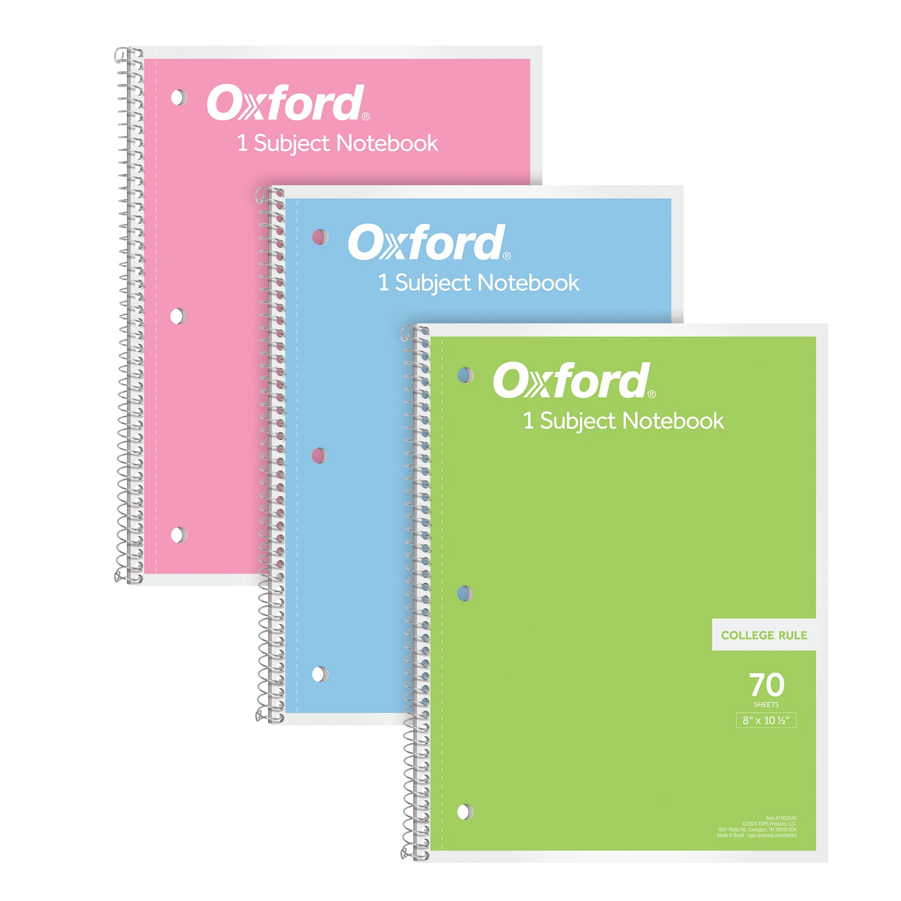 Oxford Spiral Notebooks 1-Subject, College Ruled Paper, 70 Sheets, 8 x 10.5 Inches, 3-Pack Pastel Colors - Perfect for School, Office & Journaling (1002540)