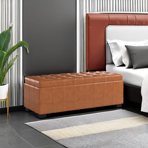 Safavieh Hudson Collection Nolita Leather Large Storage Bench, Saddle Brown - Stylish Entryway Seating with Ample Storage for Shoes, Blankets & Home Organization