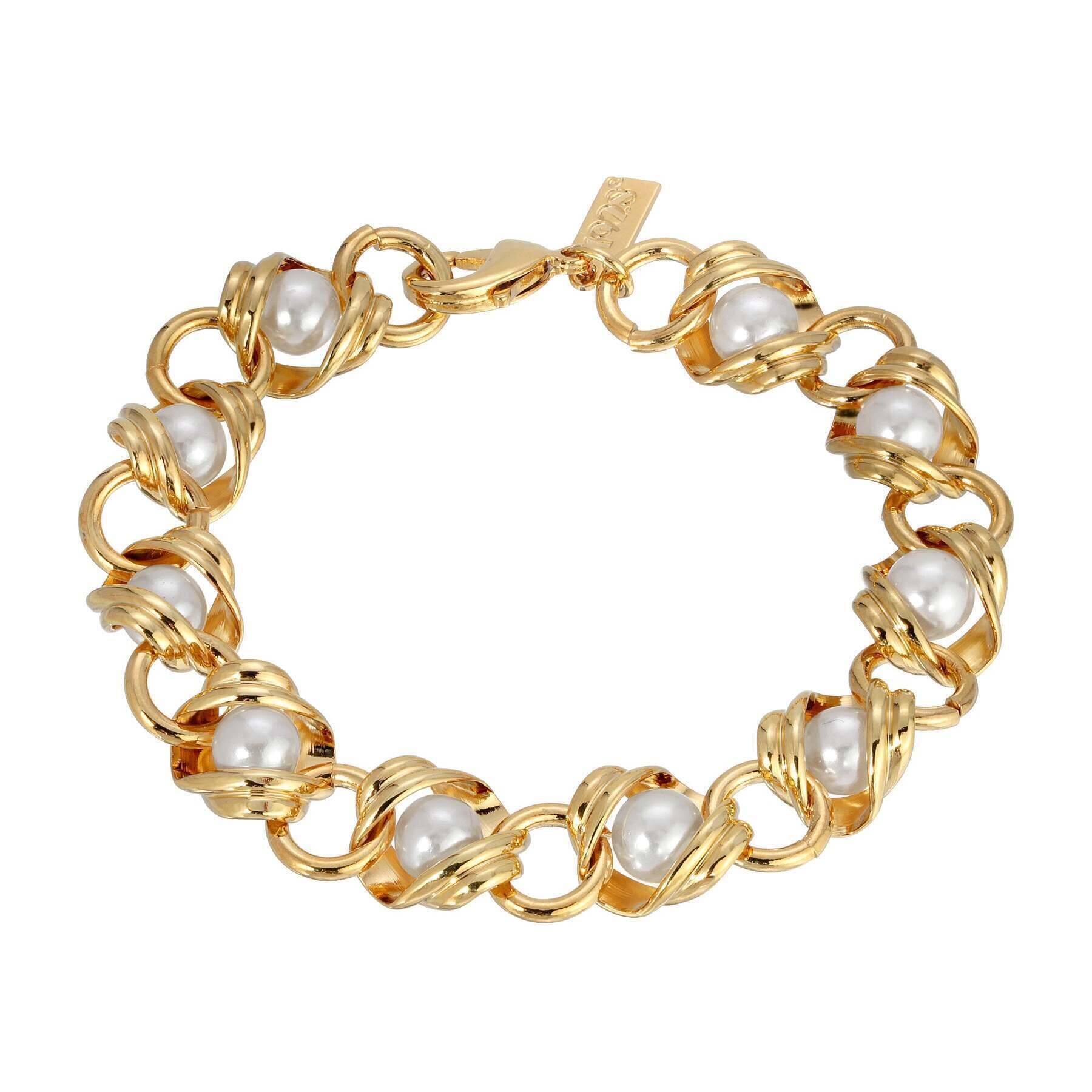 1928 Jewelry Chain Bracelet with Faux Pearl Inset Links - Elegant Vintage Style Jewelry for Women, Perfect for Weddings, Parties and Special Occasions