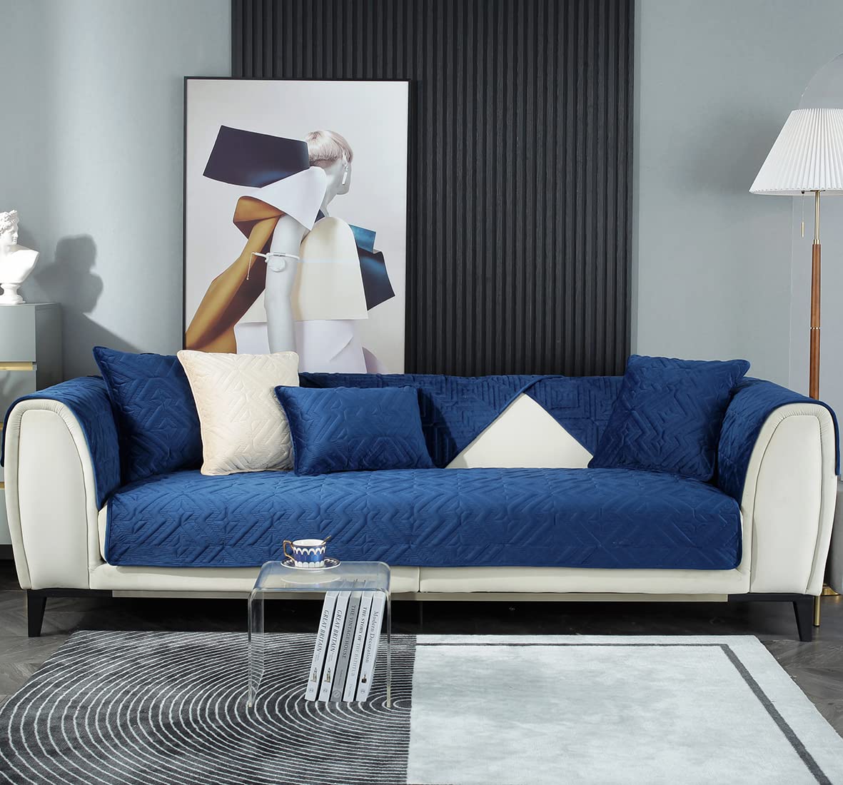 Velvet Plush Diamond Pattern Sofa Cover - Non-Slip Sectional Couch Protector, Soft & Warm Thickened Slipcover for Pets & Kids - Dark Blue 41
