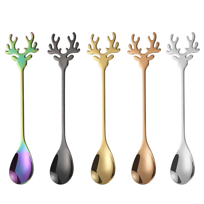 Deer Head Stainless Steel Coffee Spoon - Christmas Elk Sugar Stirring Spoon for Dessert, Kitchen & Tableware Decor - Gold (Perfect for Holiday Parties, Coffee Shops & Home Decor)