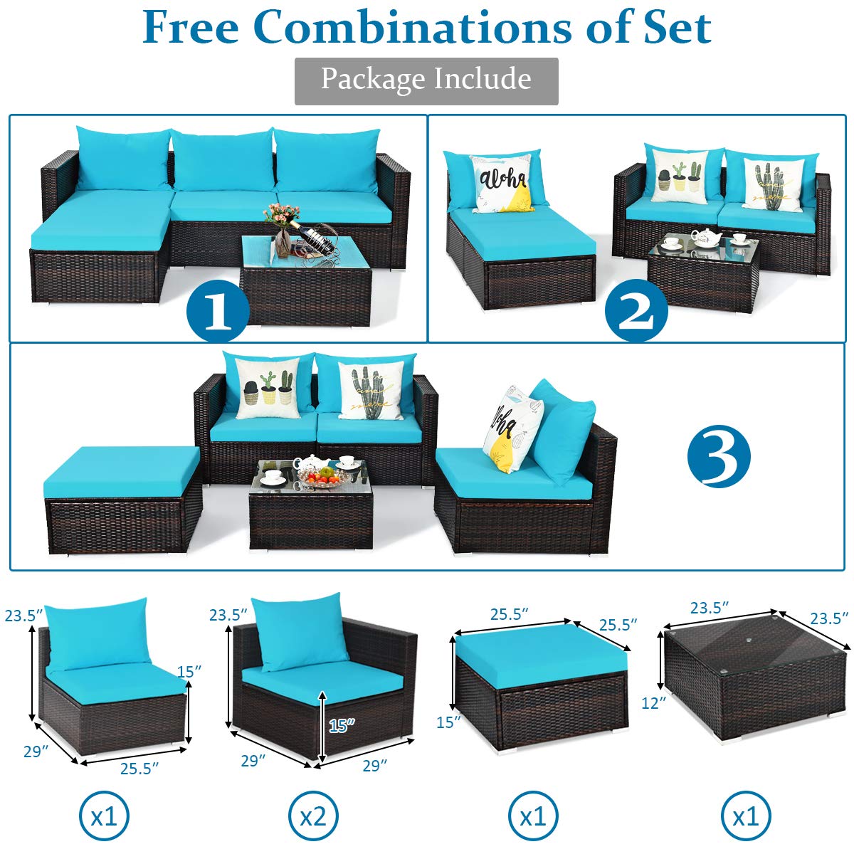 Tangkula 5-Piece Outdoor Patio Furniture Set - Sturdy Wicker Sectional Sofa with Glass Top Coffee Table, 360lb Weight Capacity - Turquoise Patio, Garden & Poolside Furniture for 4 People - Perfect for Backyard Relaxation, Outdoor Entertaining & Pool Parties
