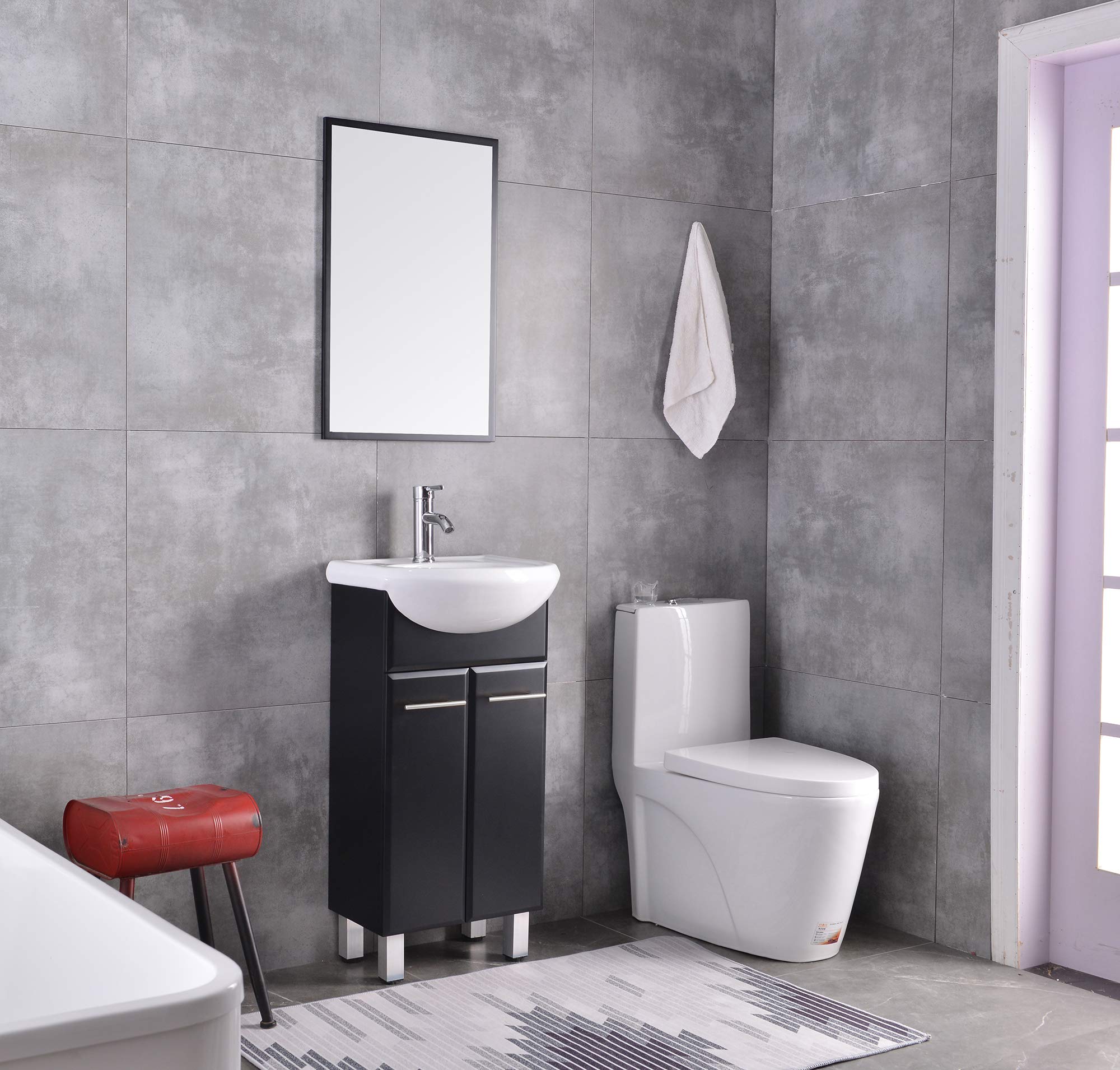 18 Inch Small Bathroom Cabinet Vanity Set with Mirror, Ceramic Vessel Sink & Faucet - Includes Drain, Black - Perfect for Powder Rooms, Guest Baths & Compact Spaces