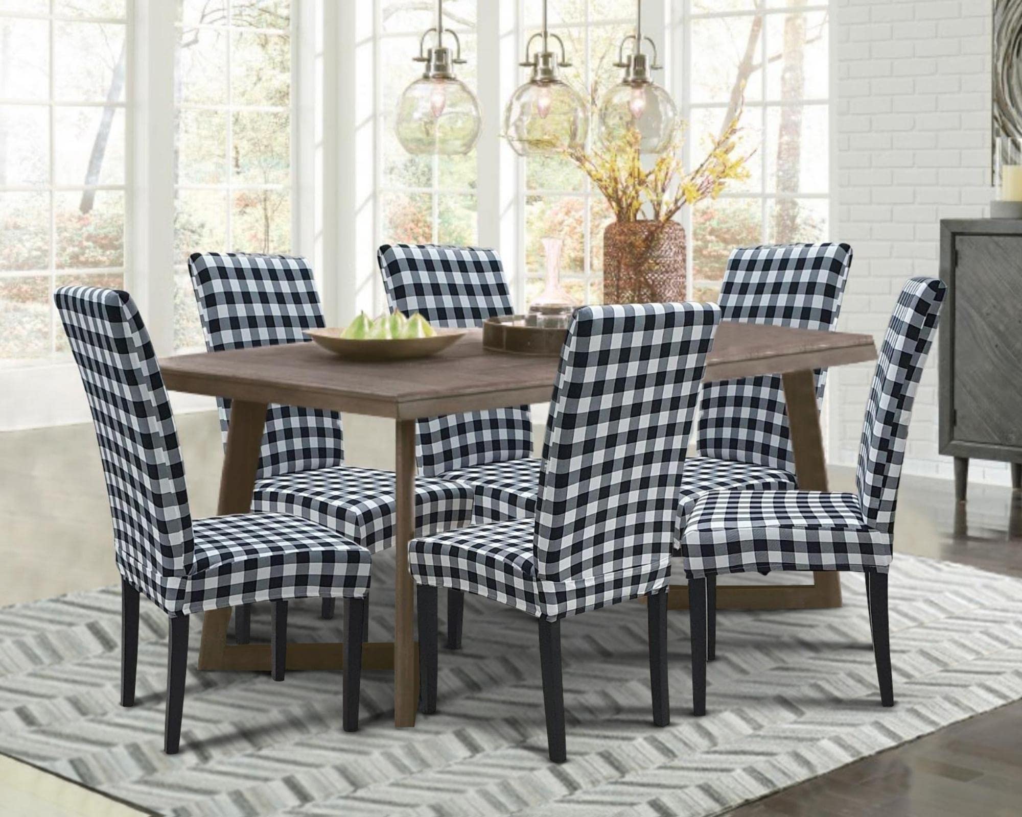 SPRINGRICO 6-Pack Stretch Dining Chair Covers - Spandex Kitchen Parsons Chair Slipcovers in Buffalo Check Black & White Pattern (Set of 6) - Perfect for Home Dining Room, Restaurant, and Wedding Decor