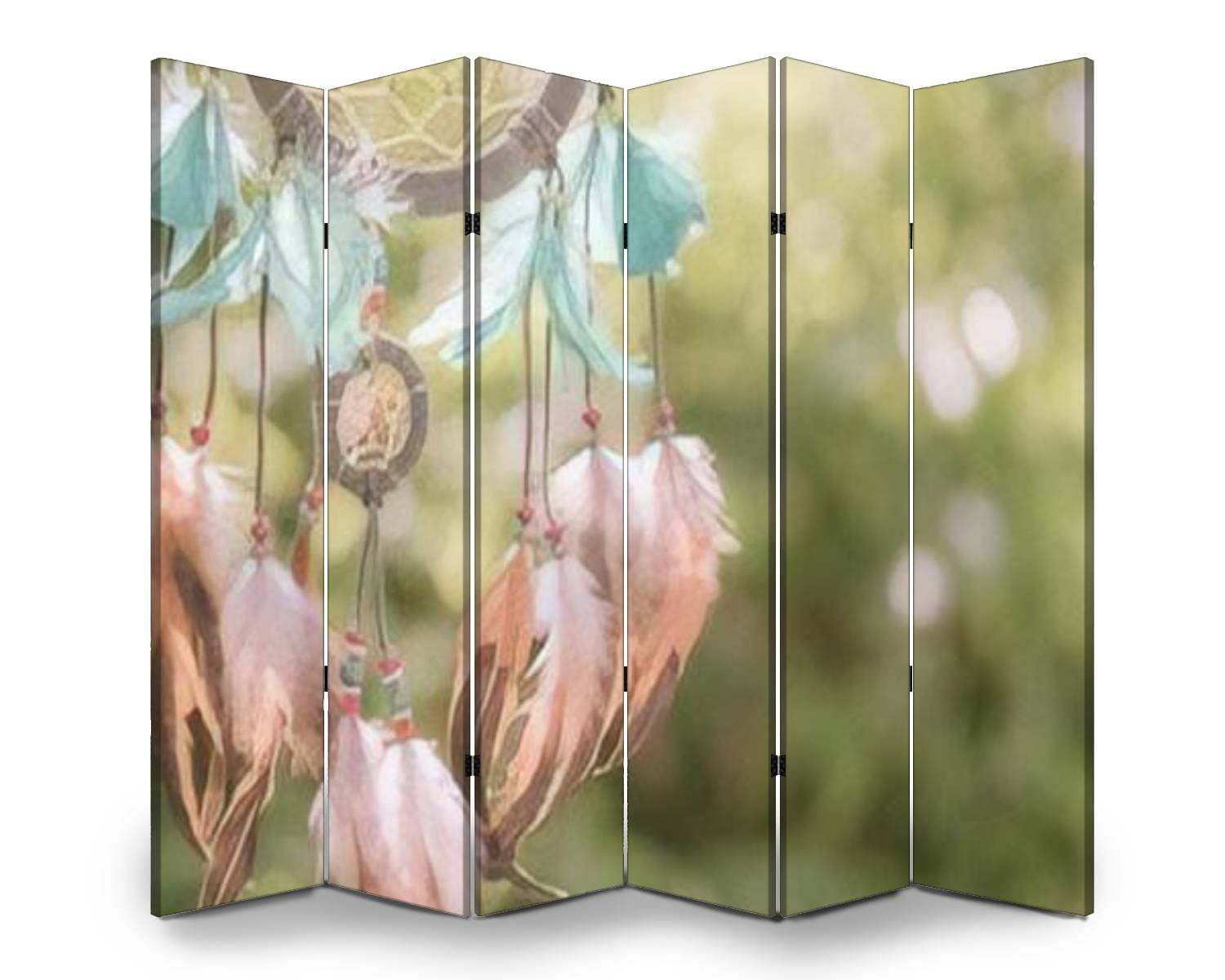 6 Panel Folding Room Divider - Dream Catcher Blue Coral & Natural Bokeh Design, Freestanding Privacy Screen for Bedroom, Office, Yoga Studio | Indoor Partition Wall, Space Separator, Decorative Home Divider